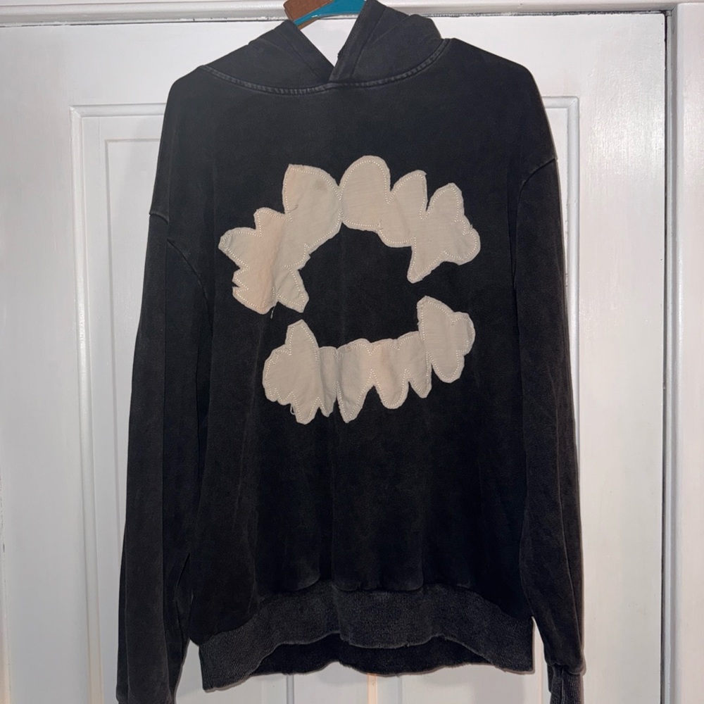 Japanese Patchwork size Large Black Hoodie with Cream Graphic Mouth Applique